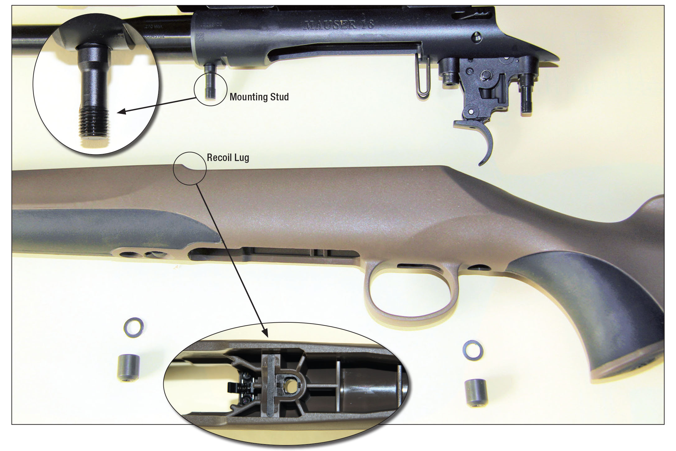 Mauser’s M18 Savanna does not hold a conventional recoil-lug system. Two threaded studs are anchored to the action, pushed through the stock and secured with nuts from below. A steel pillar and steel plate molded into the stock create the recoil lug.